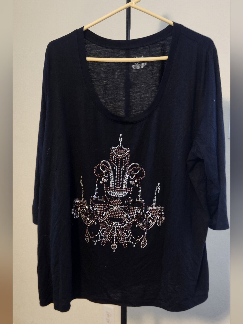 Lane Bryant Black Long Sleeve Scoop Neck Top with Rhinestone Chandelier